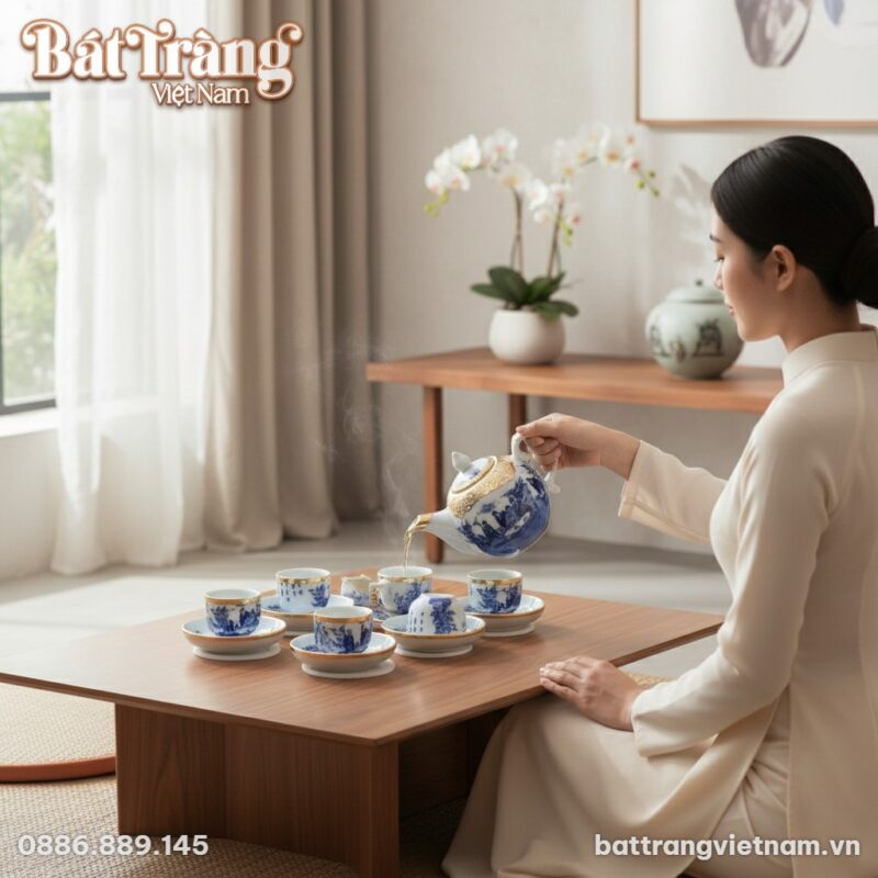 Một bộ trà sứ men lam Trúc Lâm Thất Hiền bọc đồ...