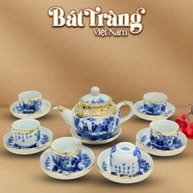 Bộ trà sứ men lam hồng Trúc Lâm Thất Hiền bọc đồng vàng BT-AC67