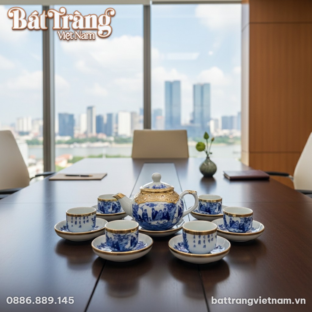 Bộ tr&agrave; sứ men lam hồng bọc đồng v&agrave;ng được đặt t...