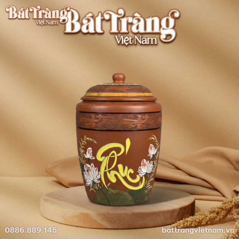 Chum Đựng Gạo Bát Tràng Chữ Phúc Hoa Sen Mộc Đắp Nổi BT-HG09 Chum Đựng Gạo Bát Tràng Chữ Phúc Hoa Sen Mộc Đắp Nổi BT-HG09