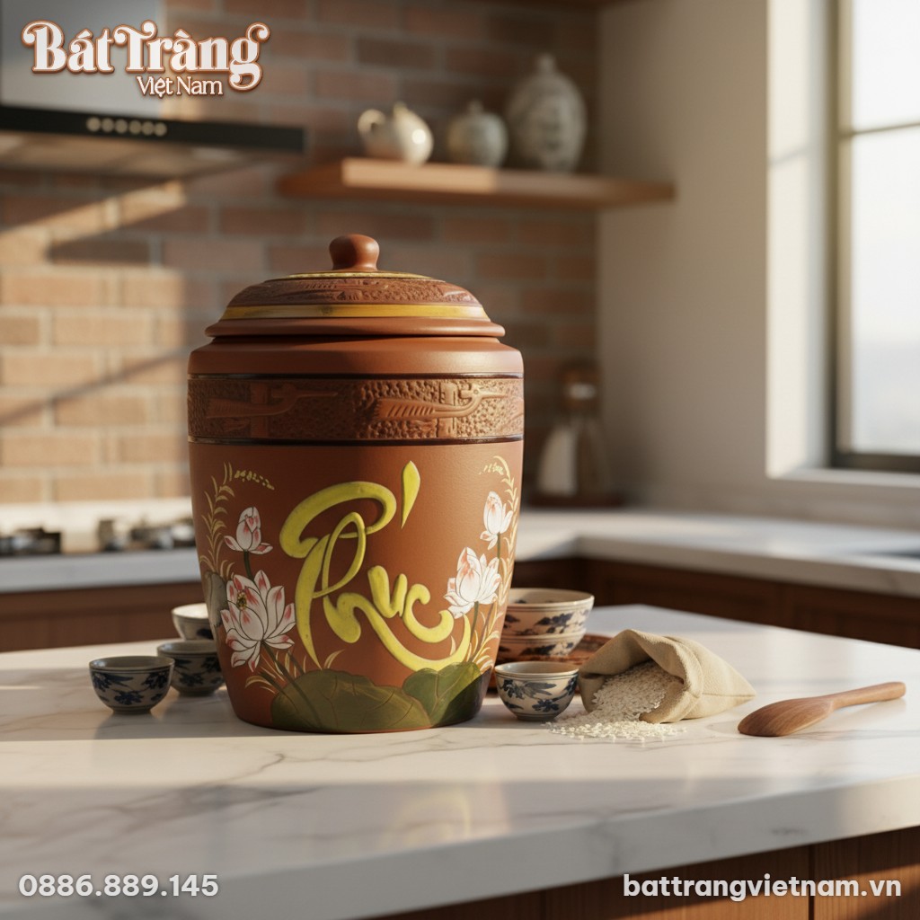 Một chum đựng gạo Bát Tràng chữ Phúc hoa sen mộ...