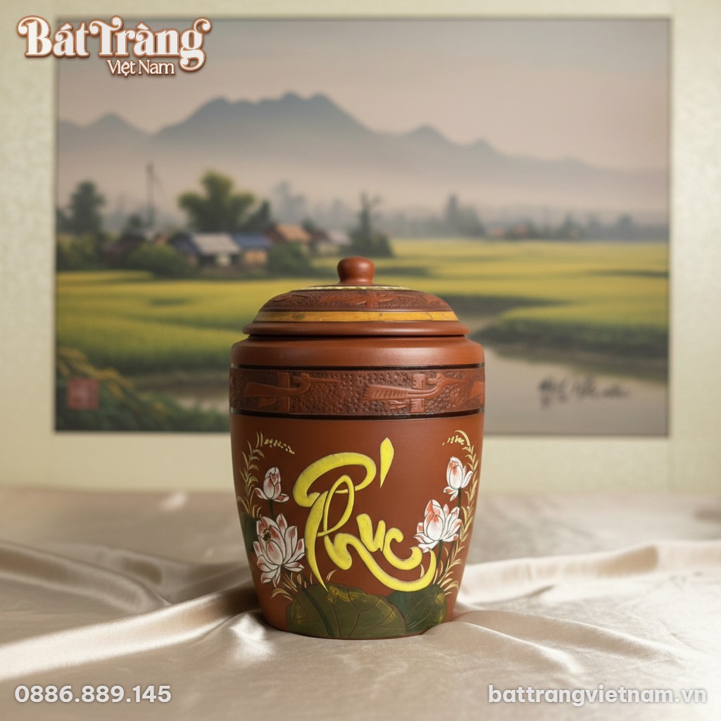 Chân dung một chum đựng gạo Bát Tràng chữ Phúc ...