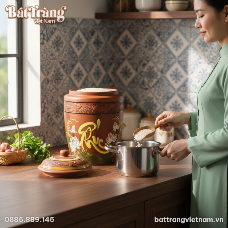 Một chum đựng gạo Bát Tràng (cao 45cm, tăng kíc... Một chum đựng gạo Bát Tràng (cao 45cm, tăng kíc...