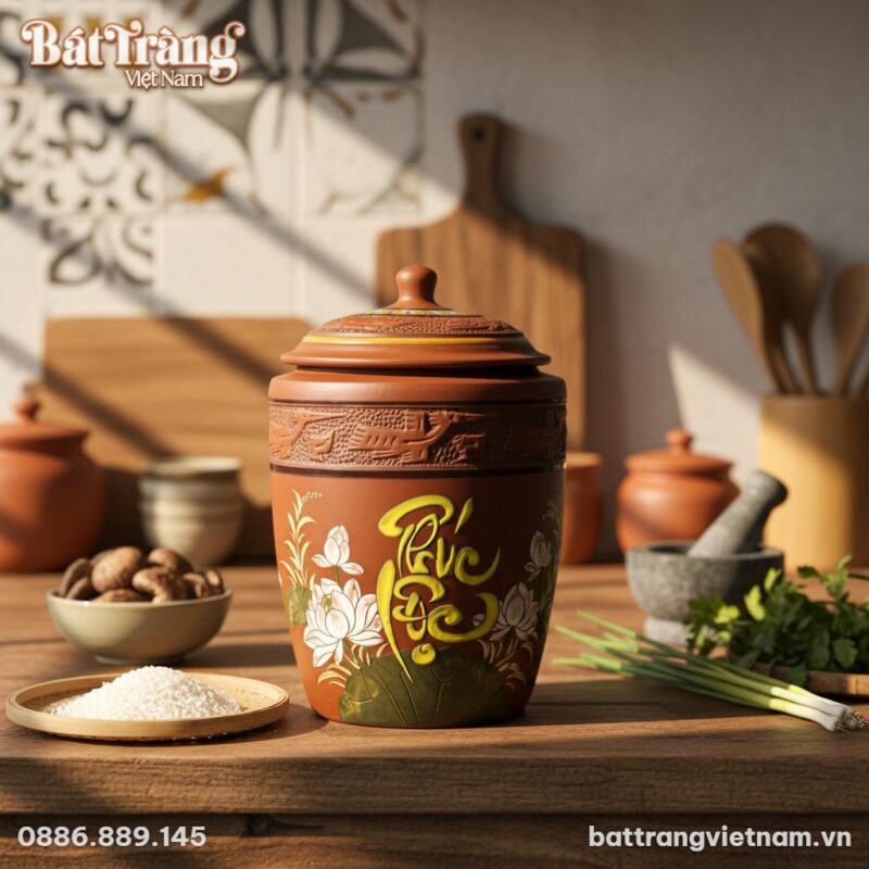 Chum đựng gạo Phúc Lộc hoa sen đặt trên sàn gỗ ... Chum đựng gạo Phúc Lộc hoa sen đặt trên sàn gỗ ...