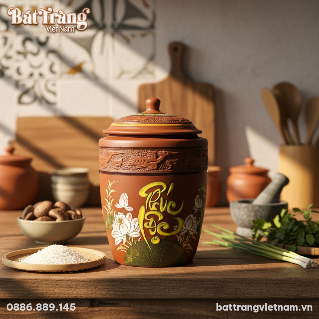 Chum đựng gạo Phúc Lộc hoa sen đặt trên sàn gỗ ...