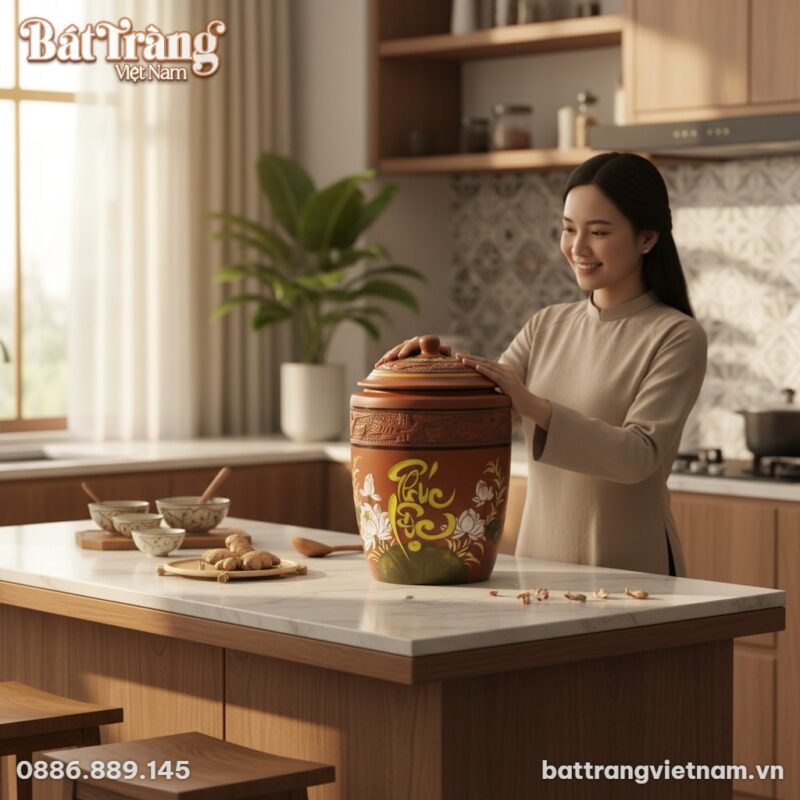 Cận cảnh chum đựng gạo Phúc Lộc hoa sen và chim... Cận cảnh chum đựng gạo Phúc Lộc hoa sen và chim...