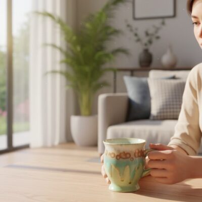 Cốc sứ Bát Tràng men hỏa biến đặt trên bàn gỗ s...