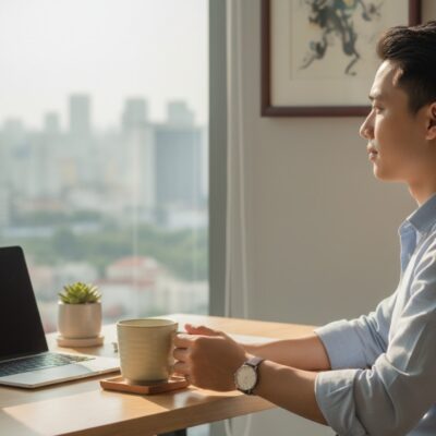 Một người trẻ thanh lịch đang thư giãn với cốc ...