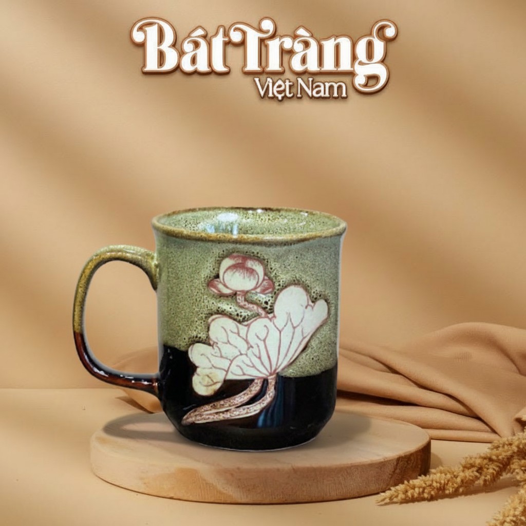 Cốc sứ Bát Tràng men hoả biến dáng trụ có quai hoạ tiết hoa sen BT-LS24