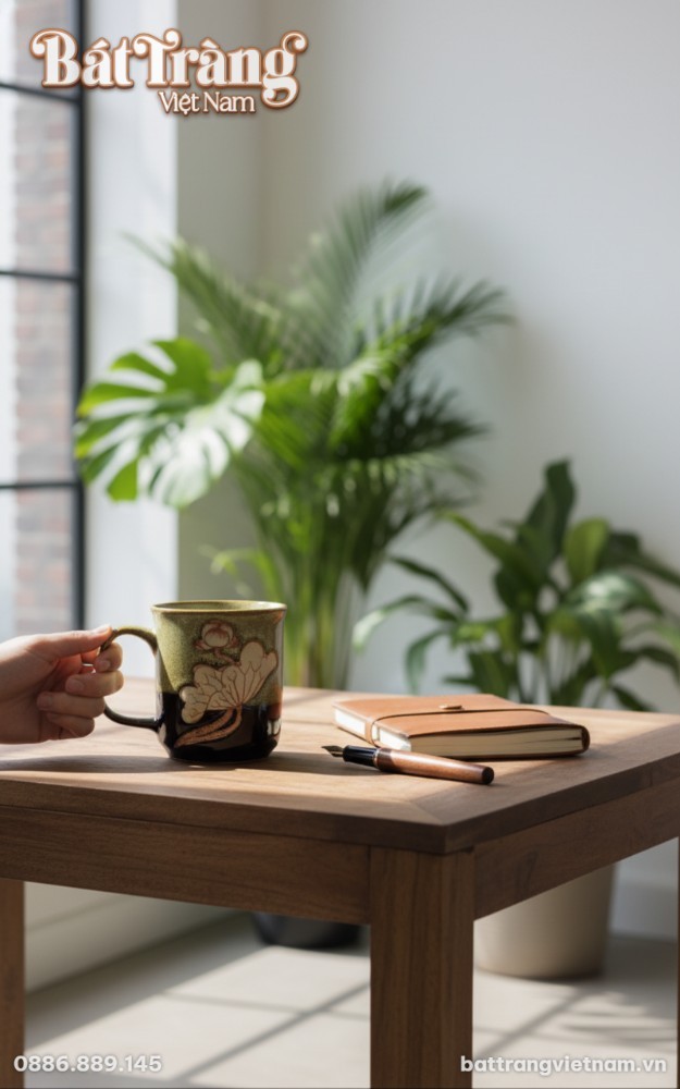 Lớp men hỏa biến tinh tế, chuyển màu mượt mà từ xanh rêu mộc mạc sang nâu đen trầm ấm.