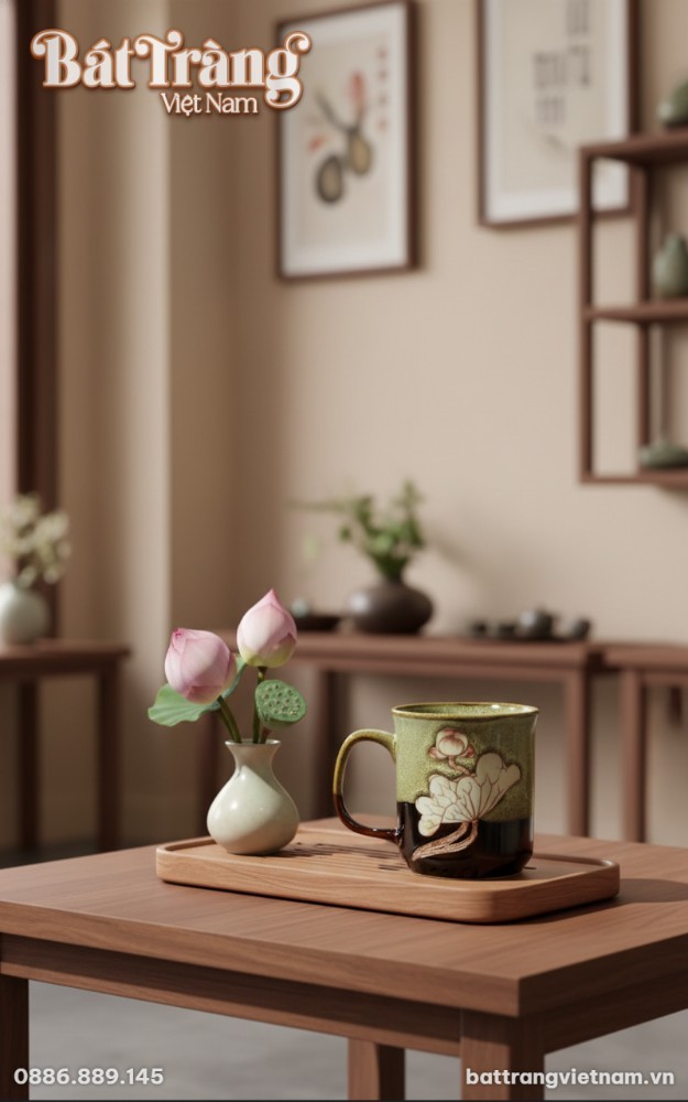 Họa tiết hoa sen vẽ tay tinh xảo, tượng trưng cho sự thanh khiết và trí tuệ, hiện rõ trên thân cốc sứ