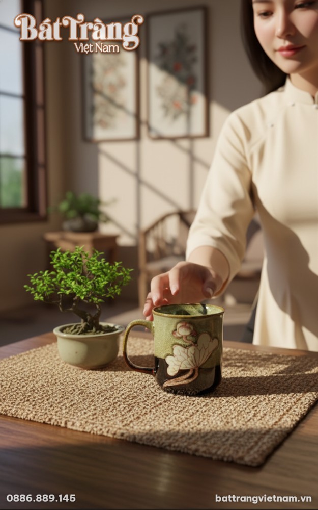 Thiết kế quai cầm chắc chắn và tiện dụng, kết hợp với lớp men viền nâu đậm tinh tế