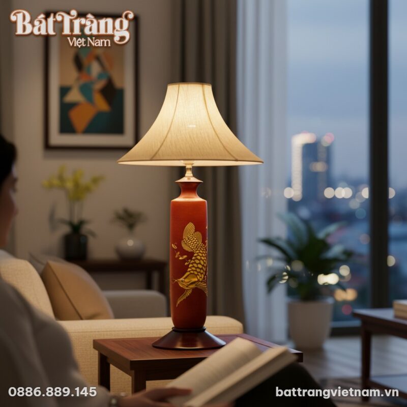 Cận cảnh thân đèn gốm sứ đỏ gạch với họa tiết c... Cận cảnh thân đèn gốm sứ đỏ gạch với họa tiết c...