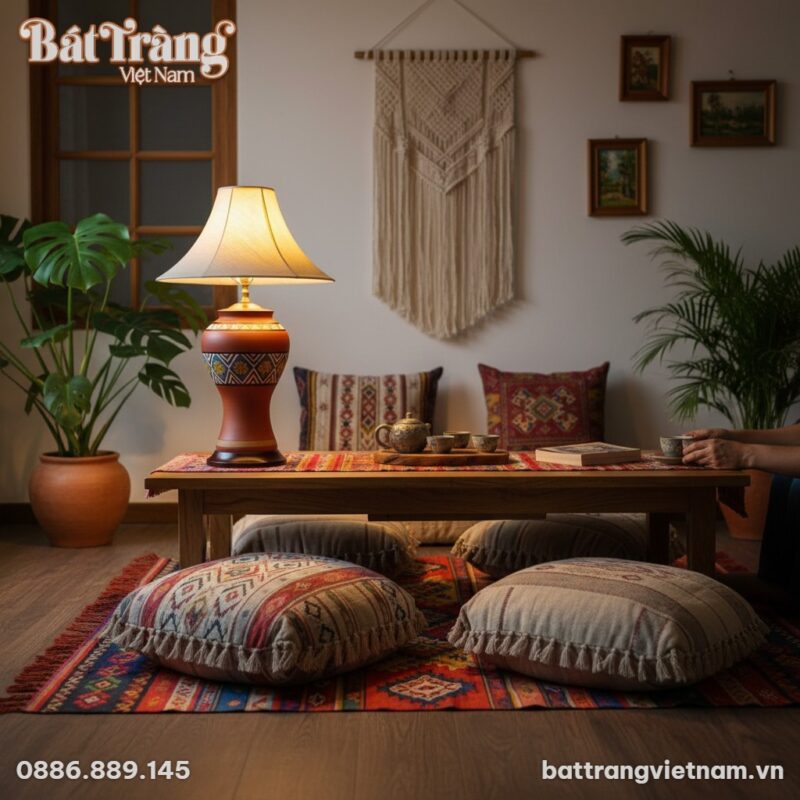 Đèn gốm Bát Tràng họa tiết thổ cẩm nổi bật trên...