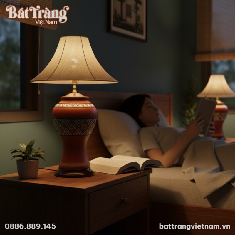 cận cảnh Đèn gốm Bát Tràng họa tiết thổ cẩm trê...