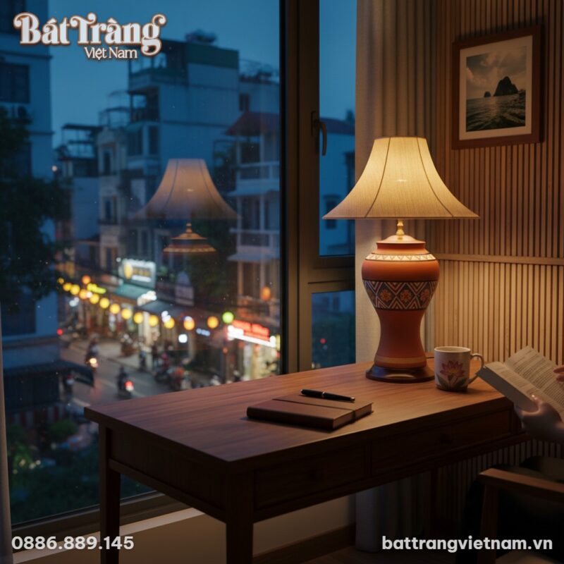 Đèn gốm Bát Tràng họa tiết thổ cẩm tinh xảo trê...