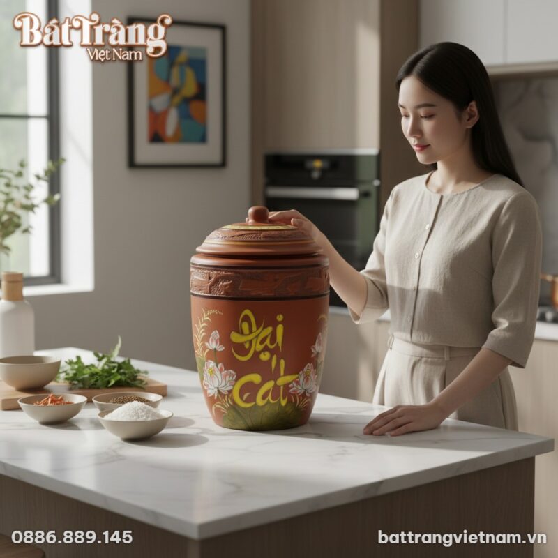 Hũ Đựng Gạo Đại Cát Bát Tràng 15kg đặt trên sàn... Hũ Đựng Gạo Đại Cát Bát Tràng 15kg đặt trên sàn...