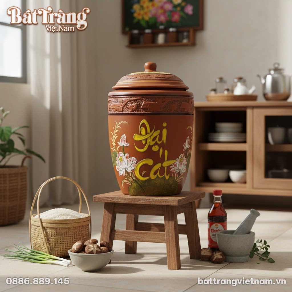 Cận cảnh hũ Đựng Gạo Đại Cát Bát Tràng 15kg, đặ...