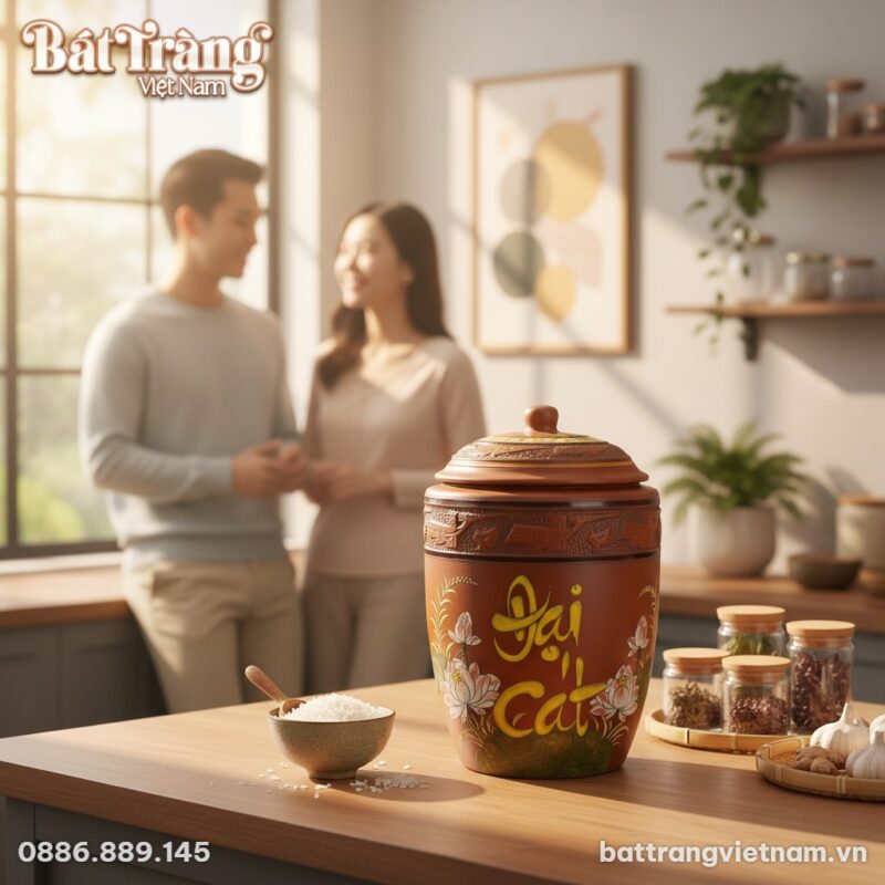 Hũ Đựng Gạo Đại Cát Bát Tràng 15kg được đặt tra... Hũ Đựng Gạo Đại Cát Bát Tràng 15kg được đặt tra...