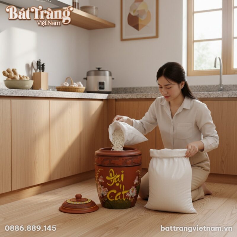 Hũ Đựng Gạo Đại Cát Bát Tràng 15kg đặt trên sàn... Hũ Đựng Gạo Đại Cát Bát Tràng 15kg đặt trên sàn...