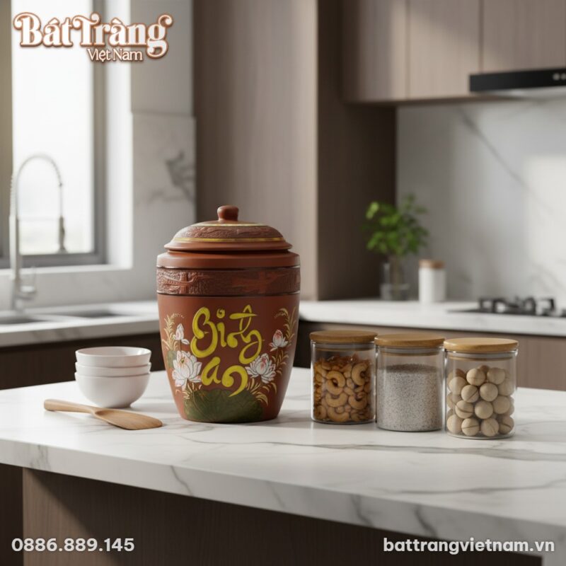 Một hũ đựng gạo gốm sứ Bát Tràng 15kg màu nâu đ... Một hũ đựng gạo gốm sứ Bát Tràng 15kg màu nâu đ...