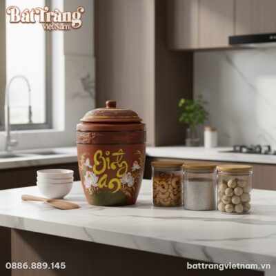 Một hũ đựng gạo gốm sứ Bát Tràng 15kg màu nâu đ...