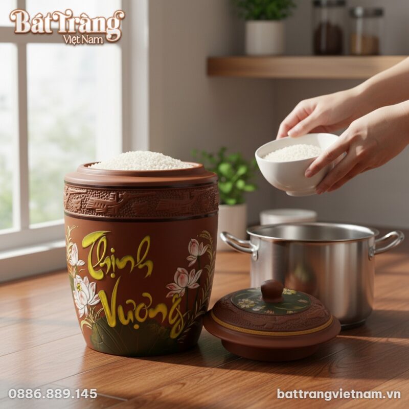 Cận cảnh hũ đựng gạo Bát Tràng chữ 'Thịnh Vượng... Cận cảnh hũ đựng gạo Bát Tràng chữ 'Thịnh Vượng...