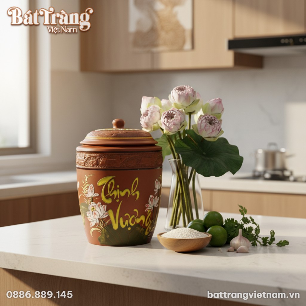 Hũ đựng gạo Bát Tràng 15kg chữ 'Thịnh Vượng' đặ...