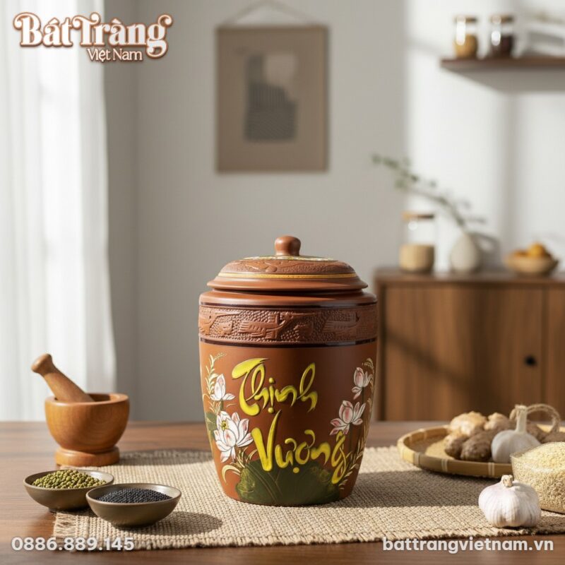 Ảnh cận cảnh tinh xảo hũ đựng gạo Bát Tràng với... Ảnh cận cảnh tinh xảo hũ đựng gạo Bát Tràng với...