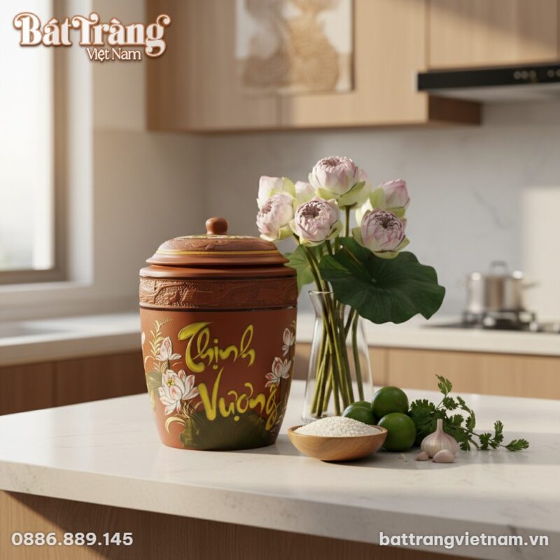 cận cảnh Hũ đựng gạo Bát Tràng 15kg chữ 'Thịnh ... cận cảnh Hũ đựng gạo Bát Tràng 15kg chữ 'Thịnh ...