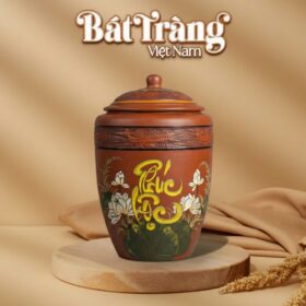 Hũ Đựng Gạo Gốm Bát Tràng 20KG Chữ Phúc Sen Trắng BT-HG05
