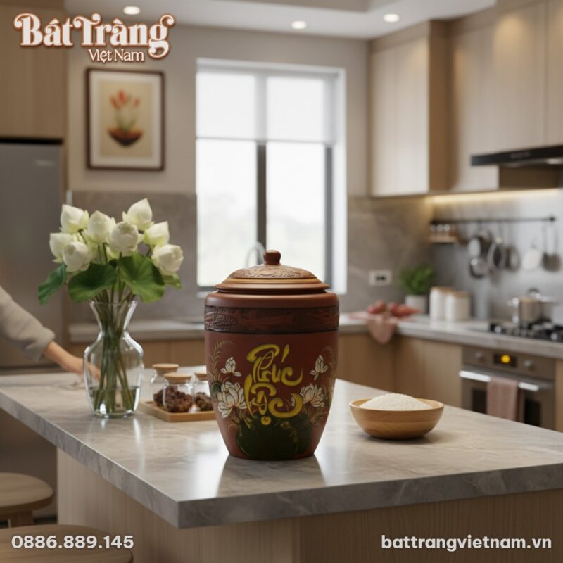 Hũ đựng gạo gốm Bát Tràng 20KG đặt trên đôn gỗ ...