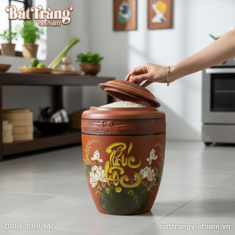 Cận cảnh hũ đựng gạo gốm Bát Tràng 20KG đặt trê...