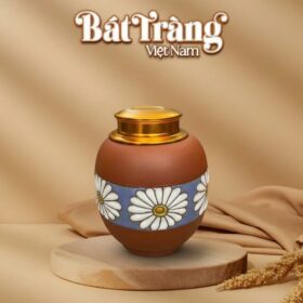 Hũ đựng trà gốm đất đỏ Bát Tràng dáng bầu hoạ tiết hoa cúc hoạ mi trắng BT-HĐT10