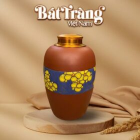 Hũ đựng trà gốm đất đỏ Bát Tràng dáng trụ bầu hoạ tiết hoa mai vàng BT-HĐT05