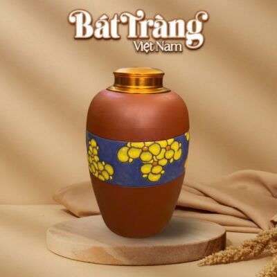Hũ đựng trà gốm sứ đất đỏ Bát Tràng dáng trụ bầu hoạ tiết hoa mai vàng BT-HĐT05 - Ảnh đại diện
