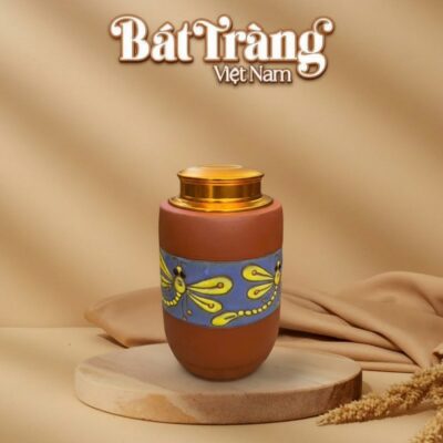 Hũ đựng trà gốm sứ đất đỏ Bát Tràng dáng trụ hoạ tiết chuồn chuồn BT-HĐT04 - Ảnh đại diện