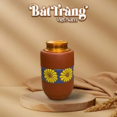 Hũ đựng trà gốm sứ đất đỏ Bát Tràng dáng trụ hoạ tiết hoa cúc vàng BT-HĐT03 - Ảnh đại diện