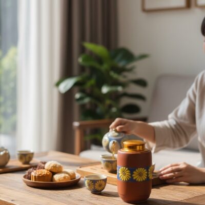 Hũ đựng trà gốm sứ Bát Tràng dáng trụ hoạ tiết ...