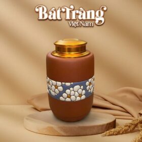 Hũ đựng trà gốm đất đỏ Bát Tràng dáng trụ hoạ tiết hoa mai trắng BT-HĐT13