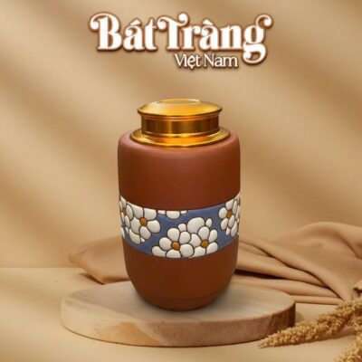Hũ đựng trà gốm sứ đất đỏ Bát Tràng dáng trụ hoạ tiết hoa mai trắng BT-HĐT13 - Ảnh đại diện