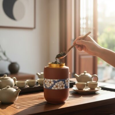 Hũ trà gốm Bát Tràng hoa cúc nổi bật trên bàn t...