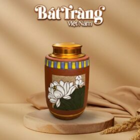 Hũ đựng trà gốm đất đỏ Bát Tràng dáng trụ hoạ tiết hoa sen BT-HĐT12