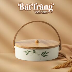 Khay Mứt Tết Gốm Sứ Bát Tràng Nắp Gỗ Quai Xách Họa Tiết Trúc BT-KM22