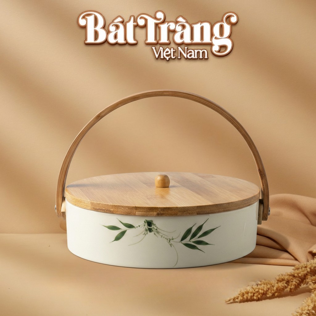 Khay Mứt Tết Gốm Sứ Bát Tràng Nắp Gỗ Quai Xách Họa Tiết Trúc BT-KM22
