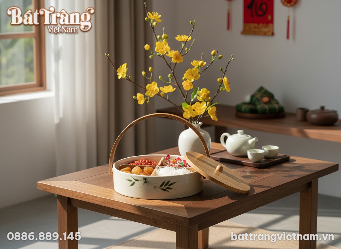 Một khay mứt gốm sứ Bát Tràng họa tiết trúc đượ...