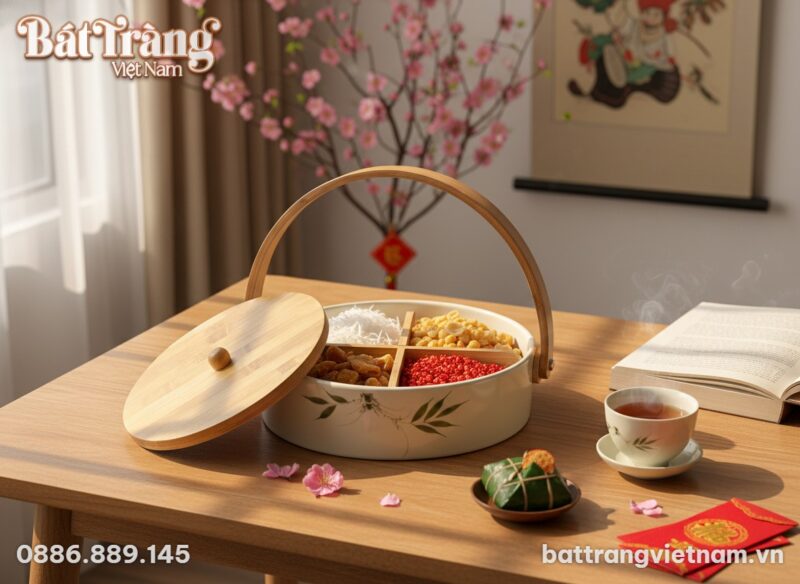 Một khay mứt Tết gốm sứ Bát Tràng họa tiết trúc... Một khay mứt Tết gốm sứ Bát Tràng họa tiết trúc...