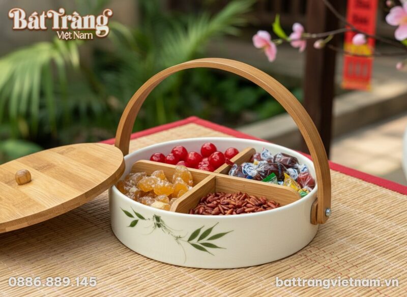 Cận cảnh khay mứt Tết gốm sứ Bát Tràng họa tiết... Cận cảnh khay mứt Tết gốm sứ Bát Tràng họa tiết...