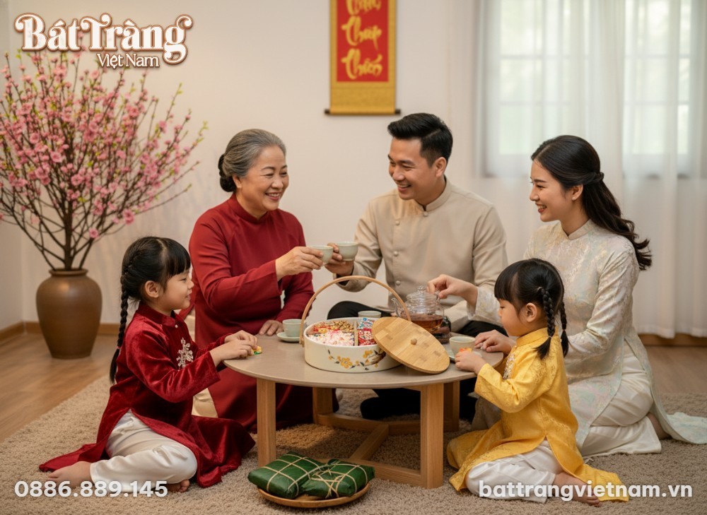 Khay mứt Tết gốm sứ hoa mai với cấu trúc bên tr...