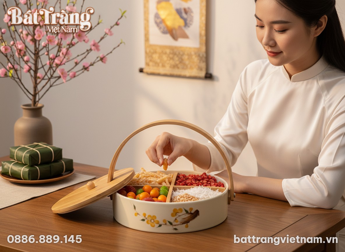 Khay mứt Tết gốm sứ hoa mai đặt trang trọng trê...